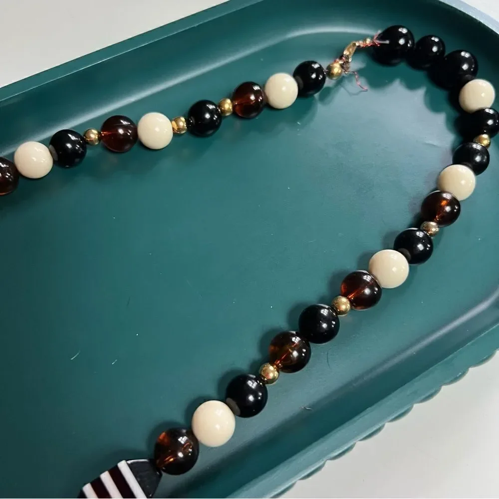 Gorgeous Neutral Tone Vintage 1970s 3D Geometric Block Beads Statement Necklace